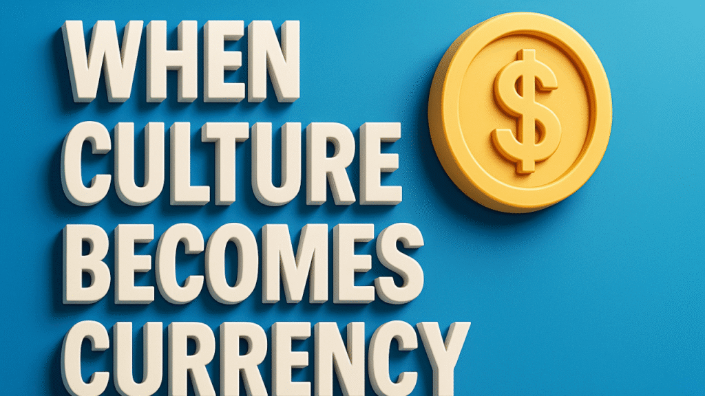 A 3D styled graphic with bold cream-colored text on a blue background reading ‘WHEN CULTURE BECOMES CURRENCY’. To the right of the text is a yellow/gold coin icon with a dollar sign embossed on it.