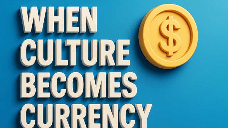 A 3D styled graphic with bold cream-colored text on a blue background reading ‘WHEN CULTURE BECOMES CURRENCY’. To the right of the text is a yellow/gold coin icon with a dollar sign embossed on it.