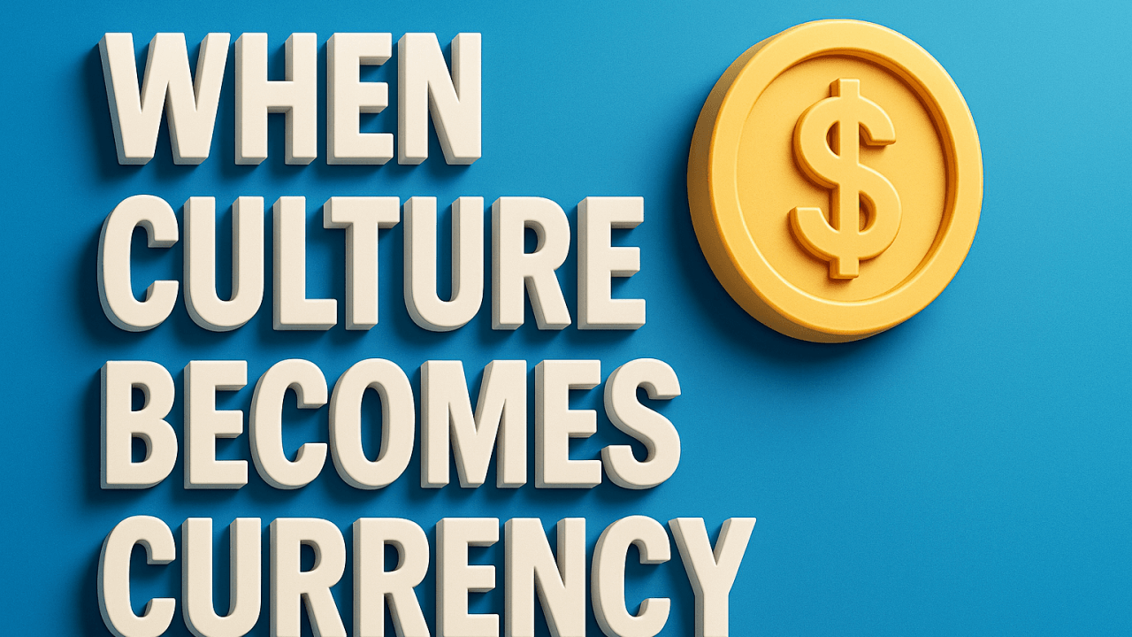 A 3D styled graphic with bold cream-colored text on a blue background reading ‘WHEN CULTURE BECOMES CURRENCY’. To the right of the text is a yellow/gold coin icon with a dollar sign embossed on it.
