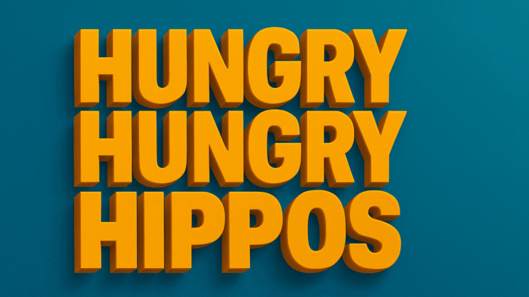 Bold 3D yellow text on a teal background that reads ‘HUNGRY HUNGRY HIPPOS’ stacked in three lines.
