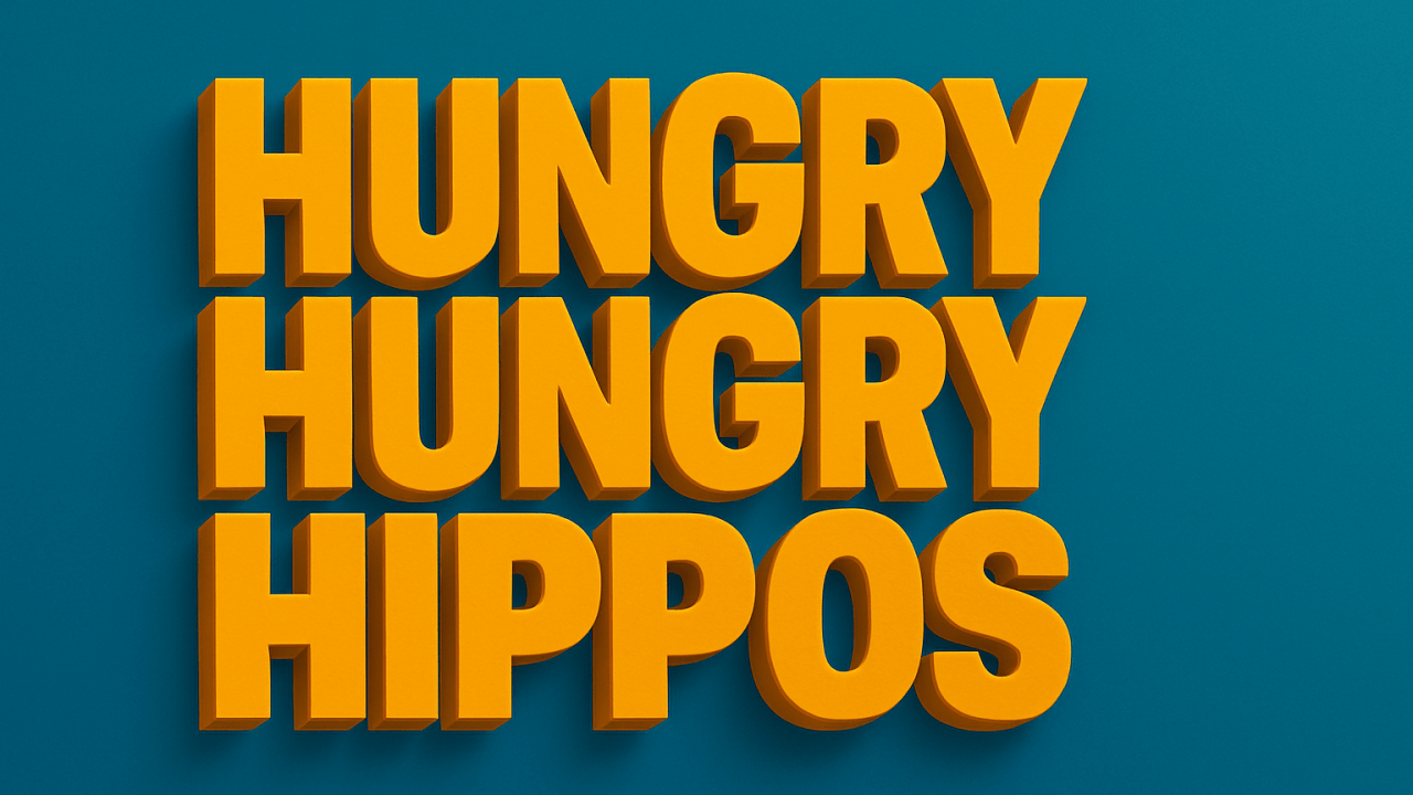 Bold 3D yellow text on a teal background that reads ‘HUNGRY HUNGRY HIPPOS’ stacked in three lines.