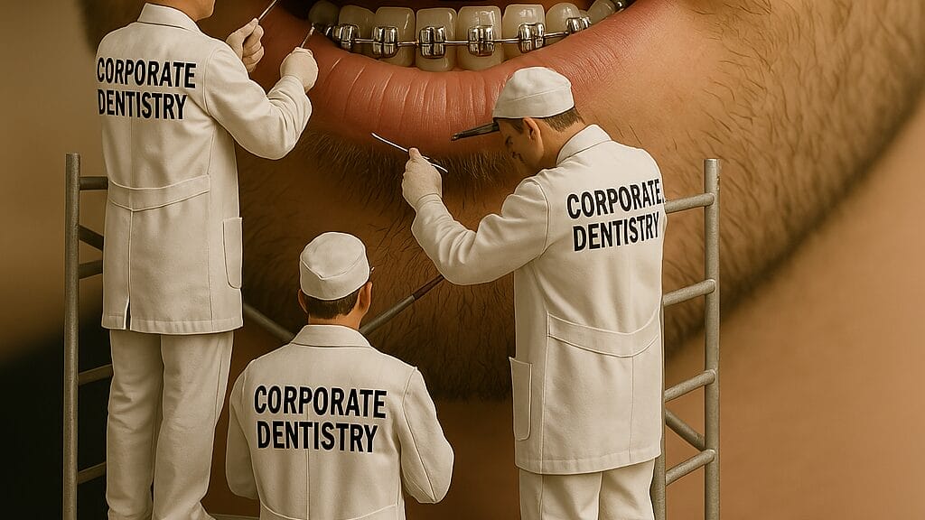 Three people in white coats labeled "Corporate Dentistry" stand on scaffolding, working on large teeth with braces, resembling dental professionals repairing machinery.