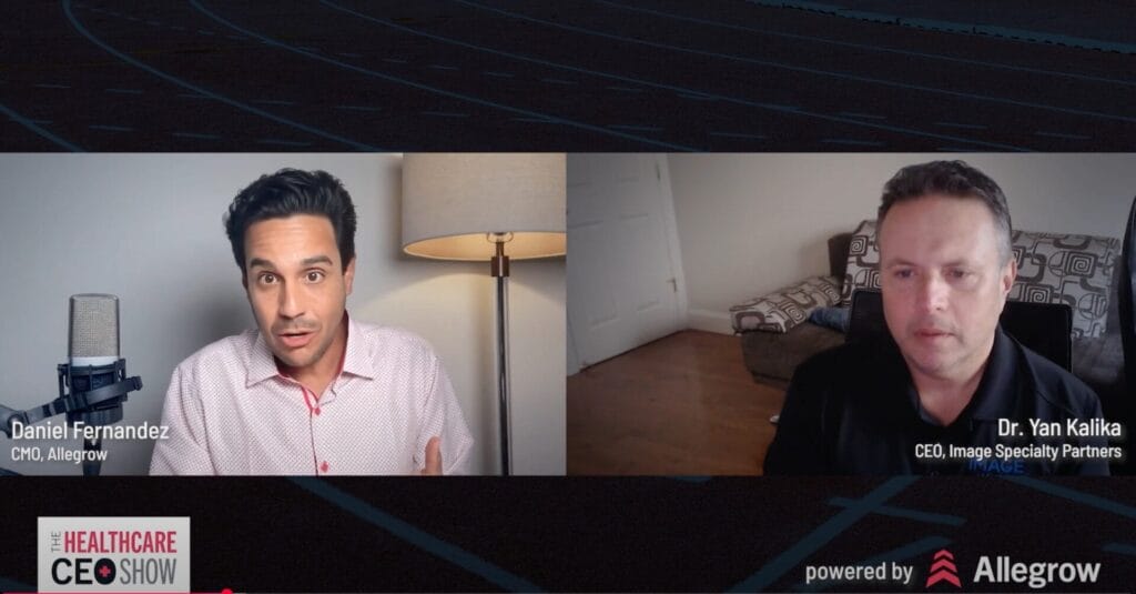 Two men, Daniel Fernandez and Dr. Yan Kalika, speak during a virtual interview for "The Healthcare CEO Show," with name and title captions visible on-screen.